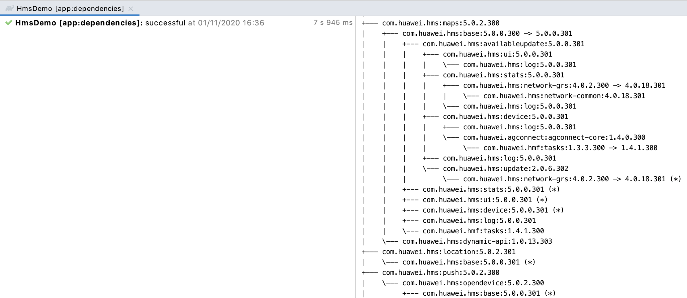 Dependencies command result